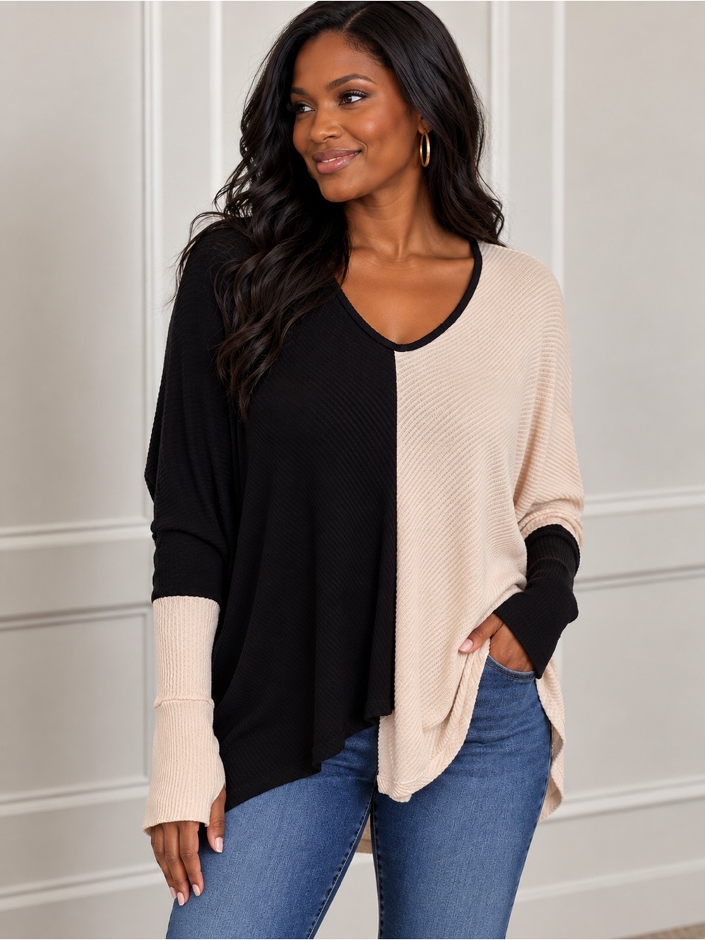 Elan Two-Tone Black and Cream Women's Knit Top